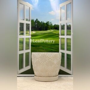 Half Bloom White/Beige (MD) Ceramic Planter Pot with Saucer Attached